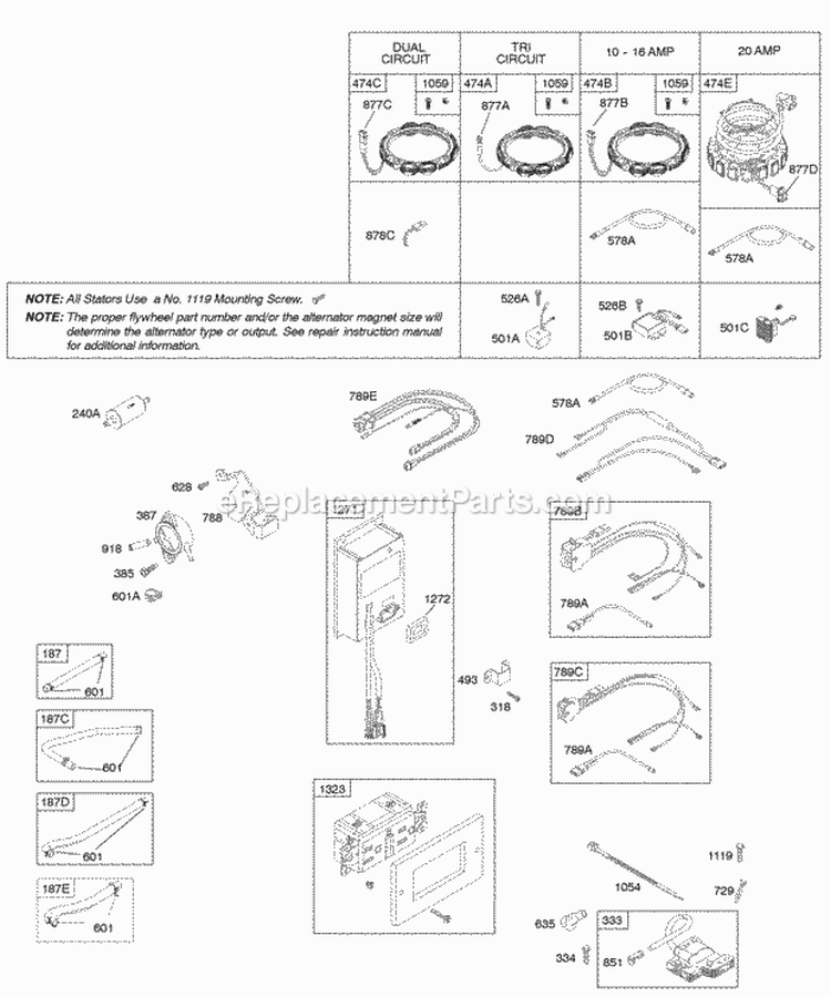 Alternator Fuel Supply Ignition Diagram and Parts List for  Briggs and Stratton Engine